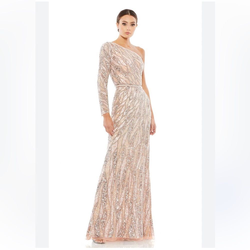 Mac Duggal One Shoulder Sequin Dress in Silver and Cream